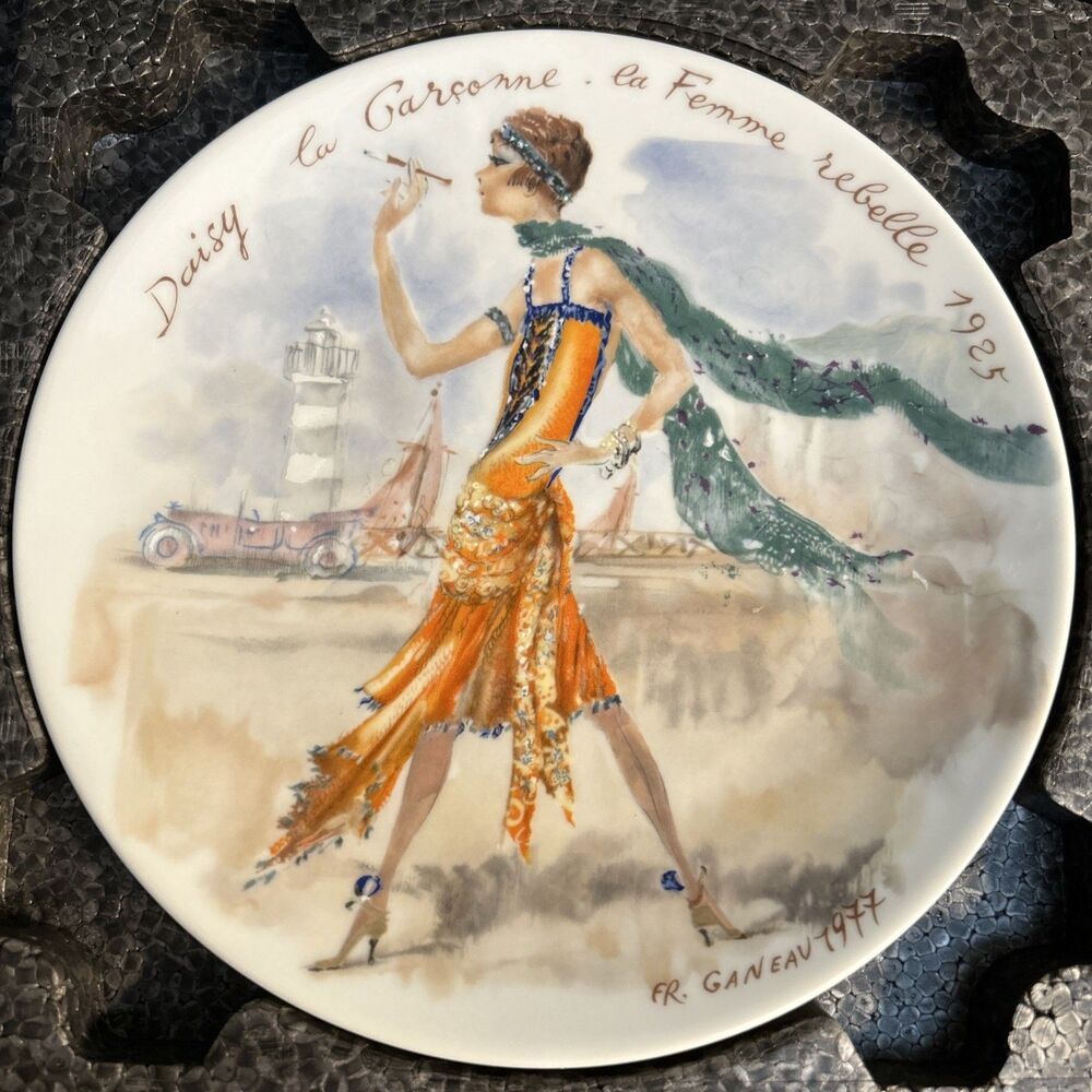Vtg Limoges HandPainted "1925" Fashion Art Plate 8.5" d. Signed Fr. Ganeau 1977